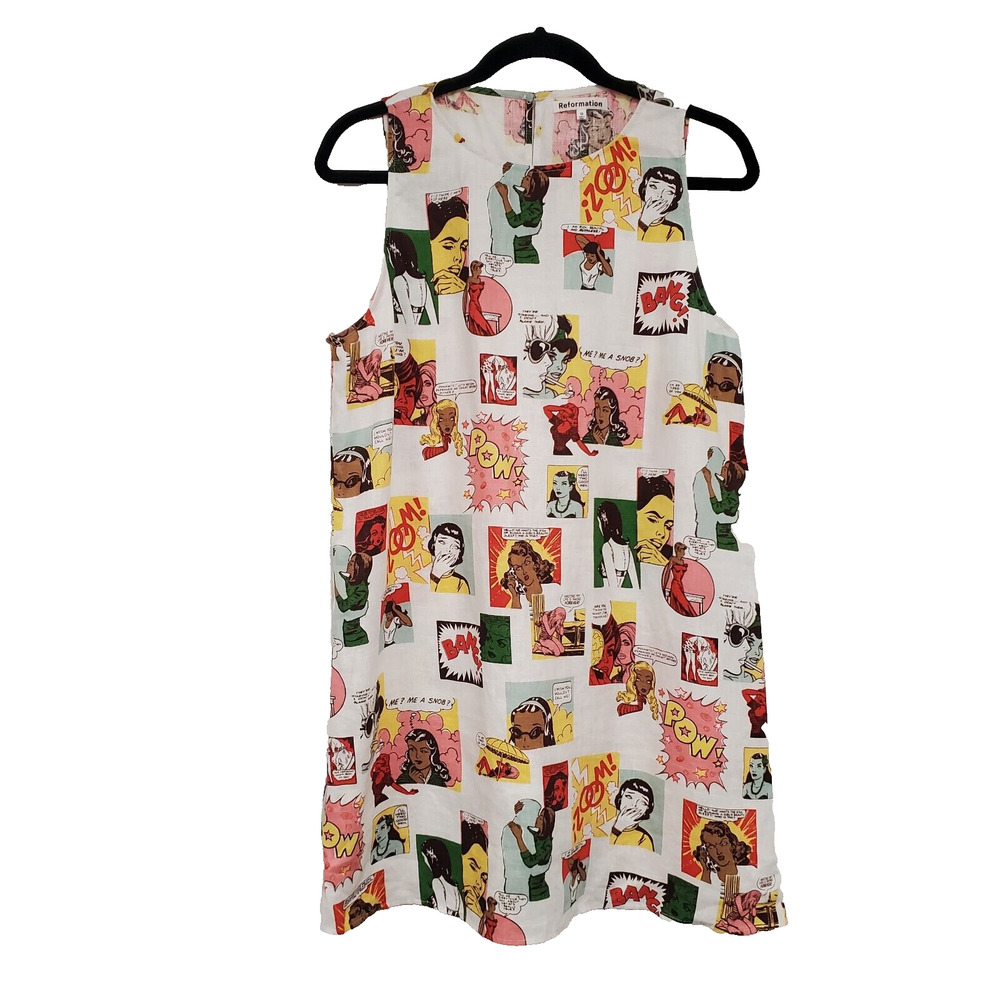 Reformation Linen Dress Size 10 Jessi Comic Print Shift Mini Colorful Sleeveless